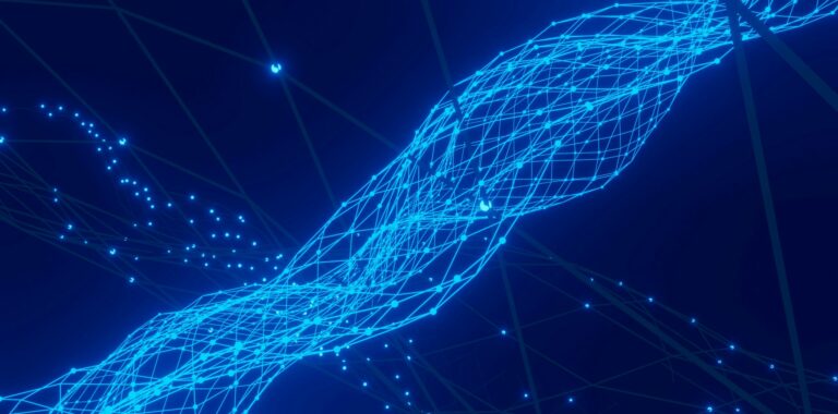 Réseau abstrait bleu représentant les connexions entre agents IA et protocoles de données