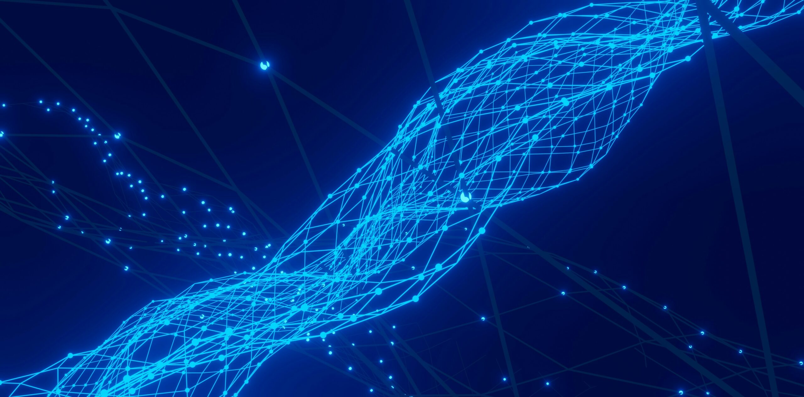 Réseau abstrait bleu représentant les connexions entre agents IA et protocoles de données