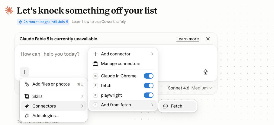 Claude Desktop — invoking an MCP tool via the + button