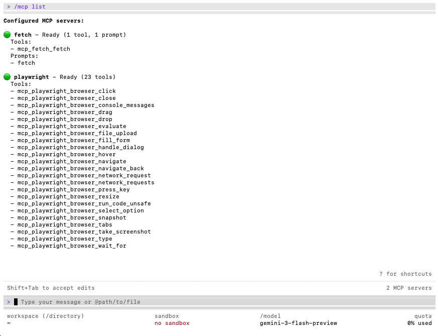 Gemini CLI /mcp list showing Playwright MCP server