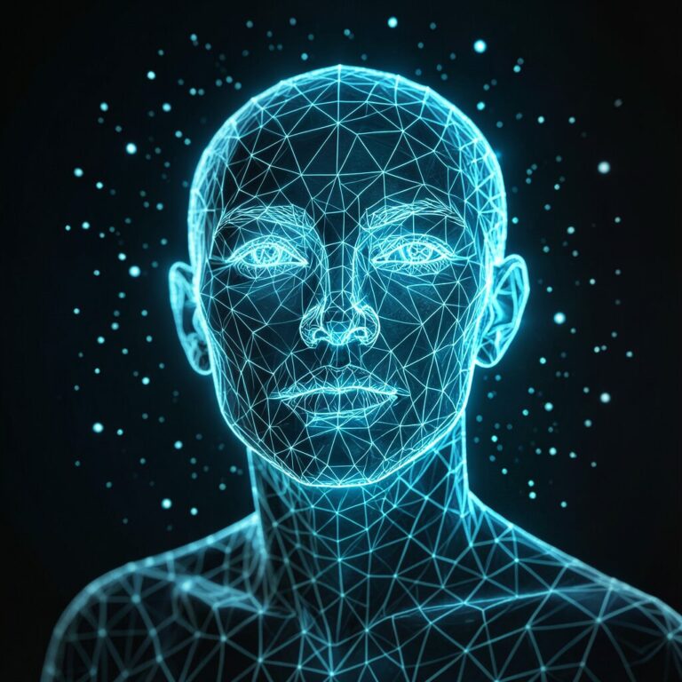 Wireframe numérique d'un visage humain avec scan biométrique et particules de lumière cyan