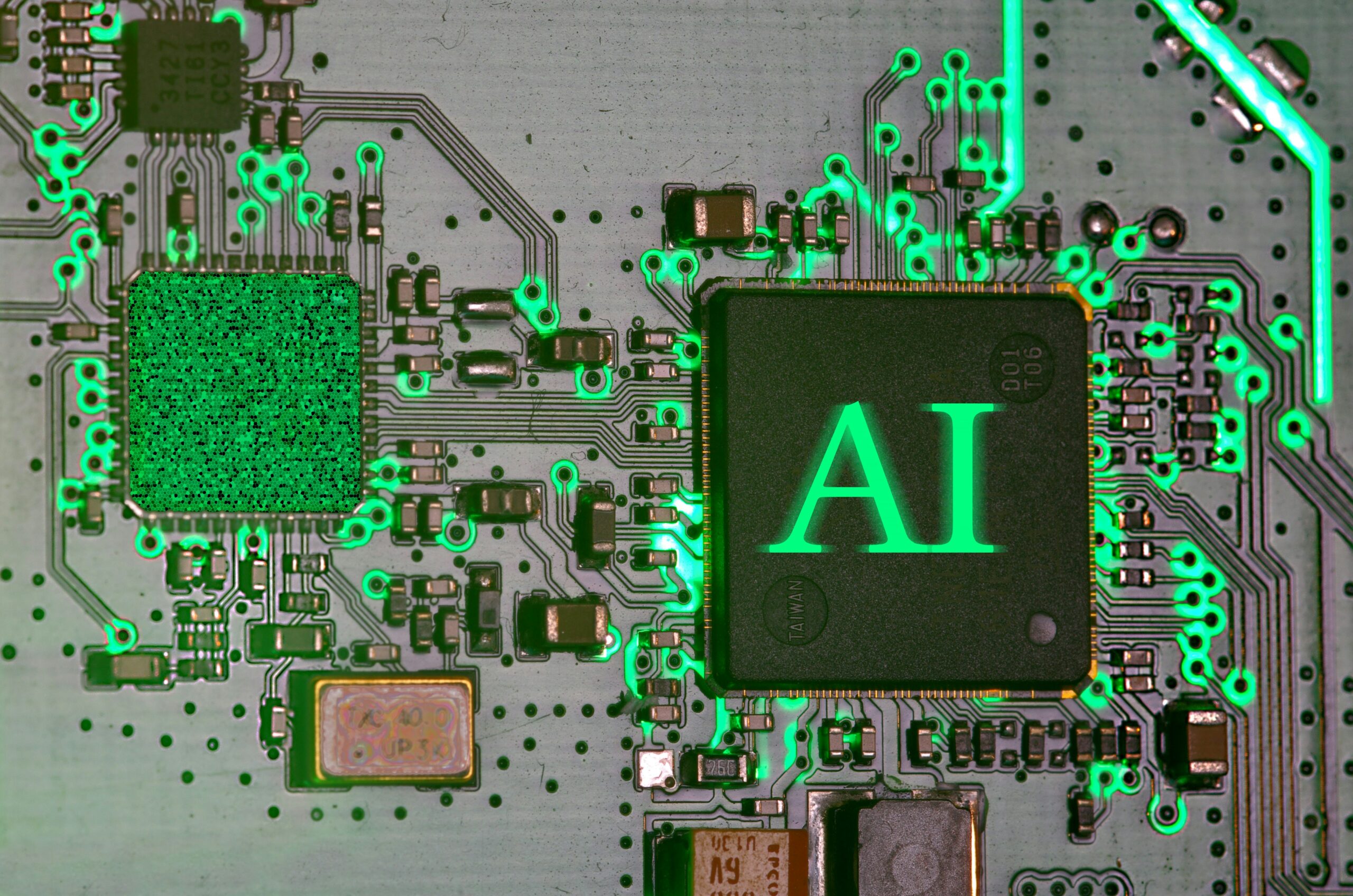 Puce d'intelligence artificielle lumineuse sur circuit imprimé
