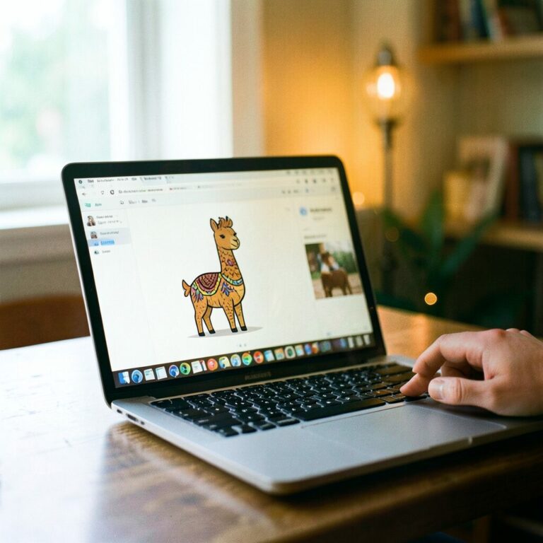 Laptop ouvert sur un bureau avec un llama stylisé à l'écran, lumière naturelle et bokeh chaud