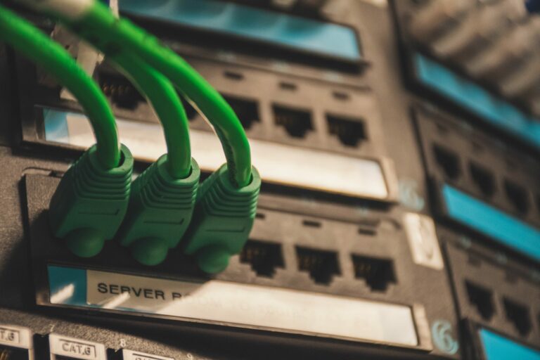 Câbles réseau verts connectés aux ports d'un serveur, infrastructure protocole