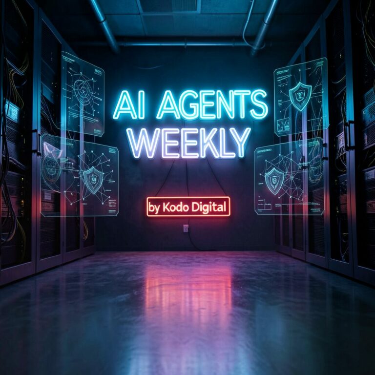 AI Agents Weekly neon sign in a dark server room, by Kodo Digital