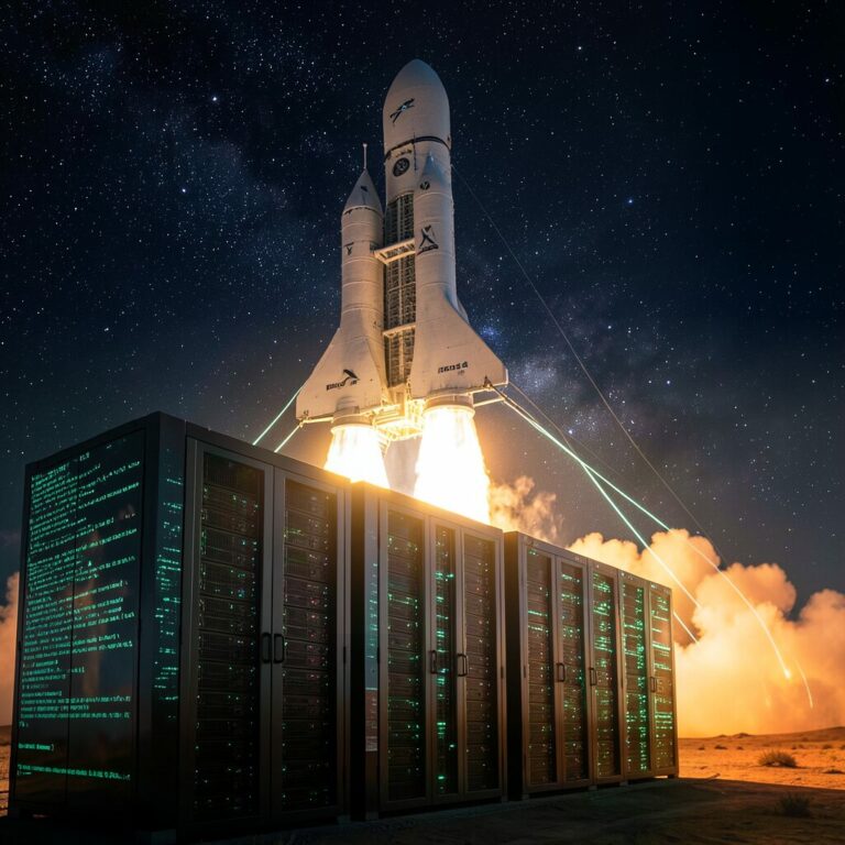 SpaceX rocket launch at night with GPU server racks glowing in the foreground and code streams on dark panels