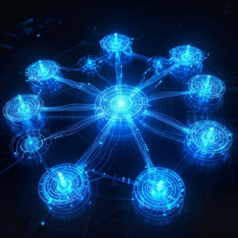 Réseau d'agents IA interconnectés en boucle, visualisation holographique bleue sur fond noir