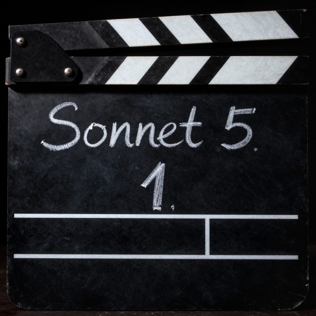 Clap de cinéma avec "Sonnet 5" et "1" écrits à la craie sur ardoise noire