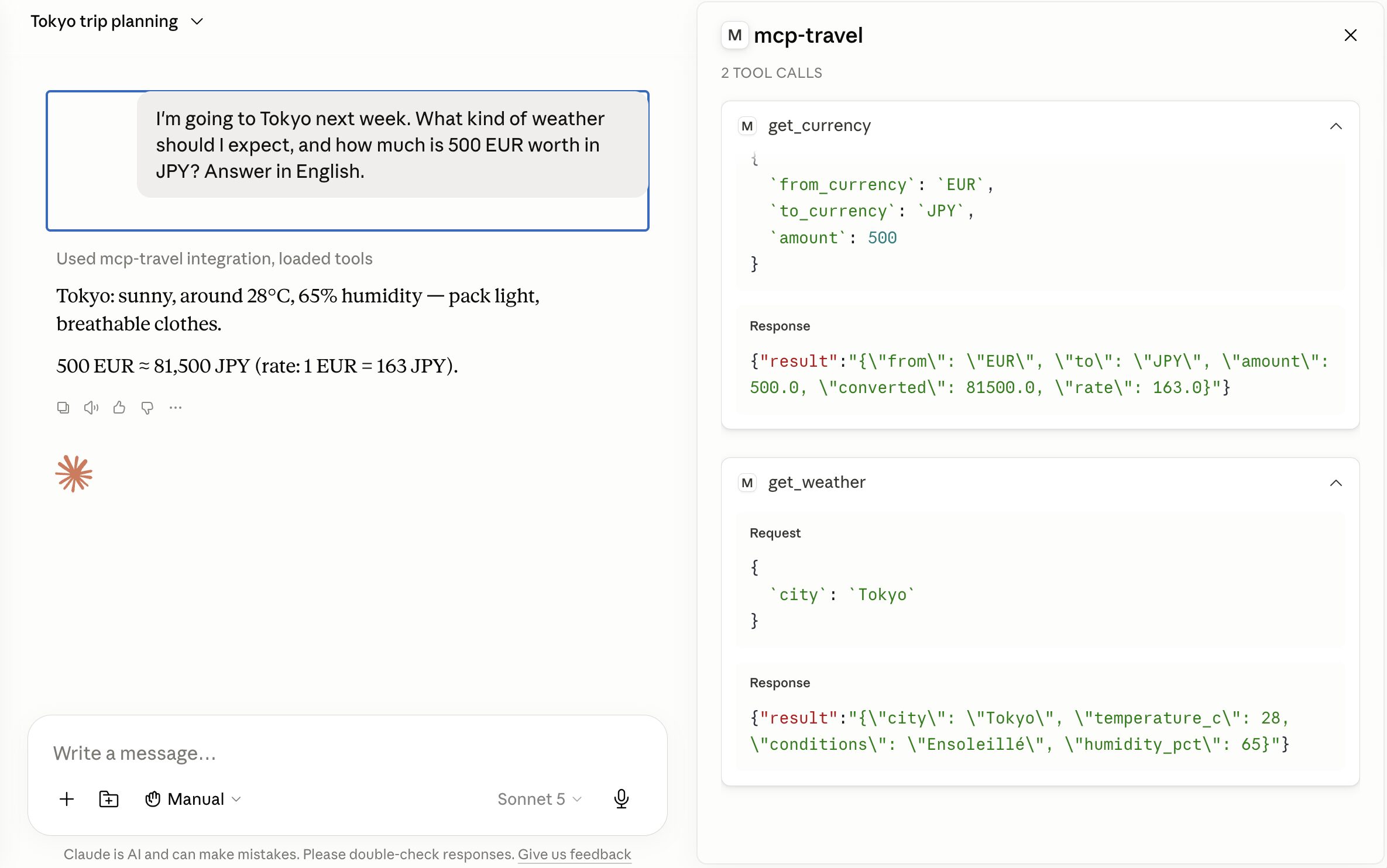 Claude Desktop: response with get_weather and get_currency MCP calls visible in the context panel