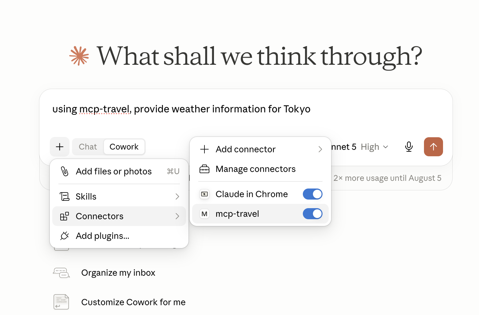 MCP icon visible in Claude Desktop toolbar after restart with mcp-travel connected
