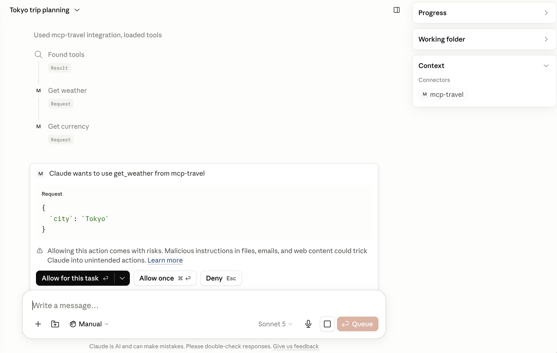 Tool call authorization prompt in Claude Desktop