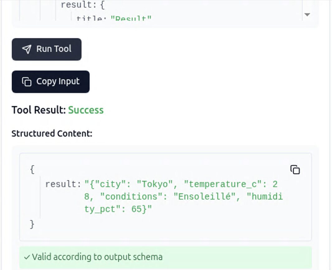 MCP Inspector: example of a manual MCP tool call with JSON result