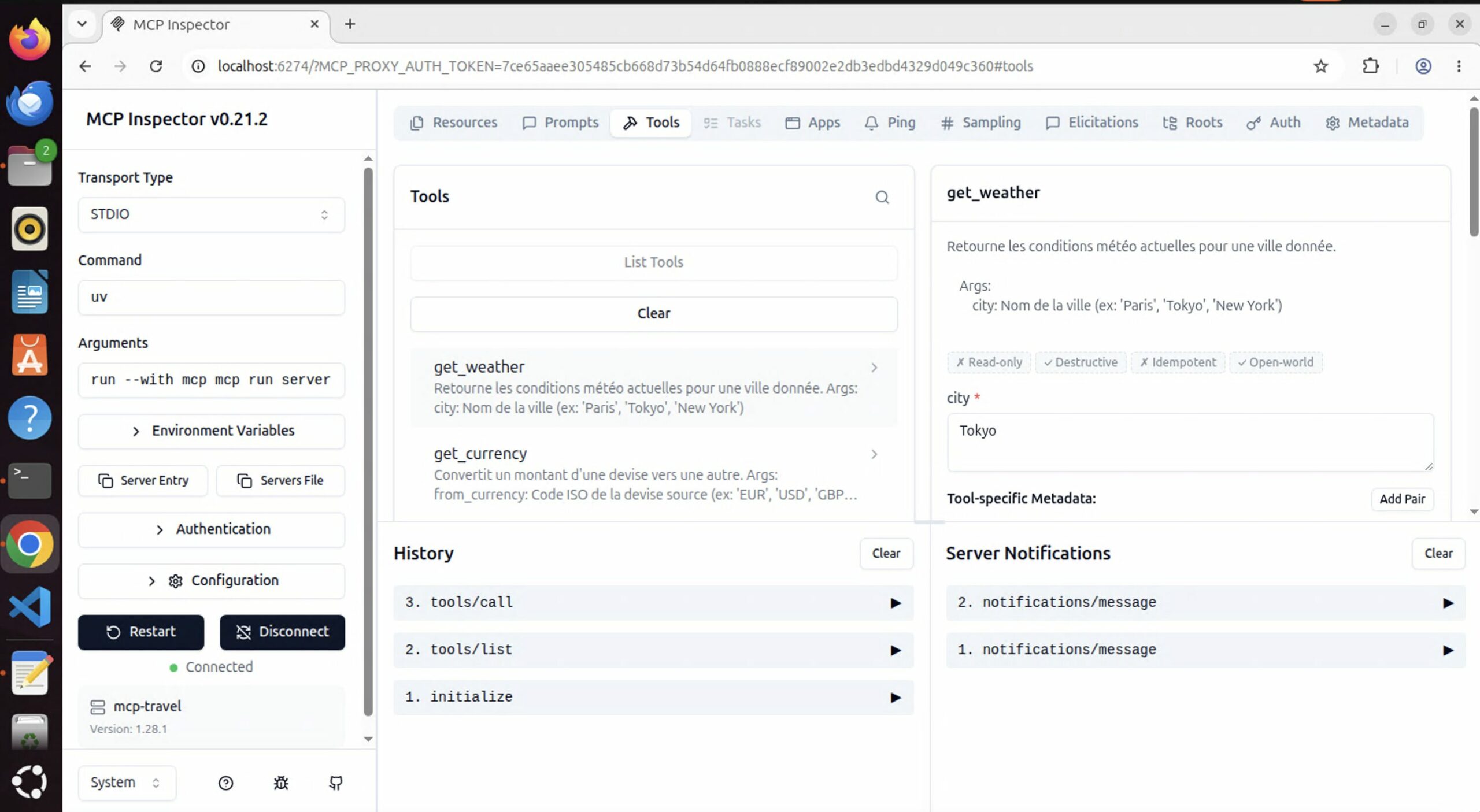 MCP Inspector web interface showing get_weather and get_currency tools from the mcp-travel server