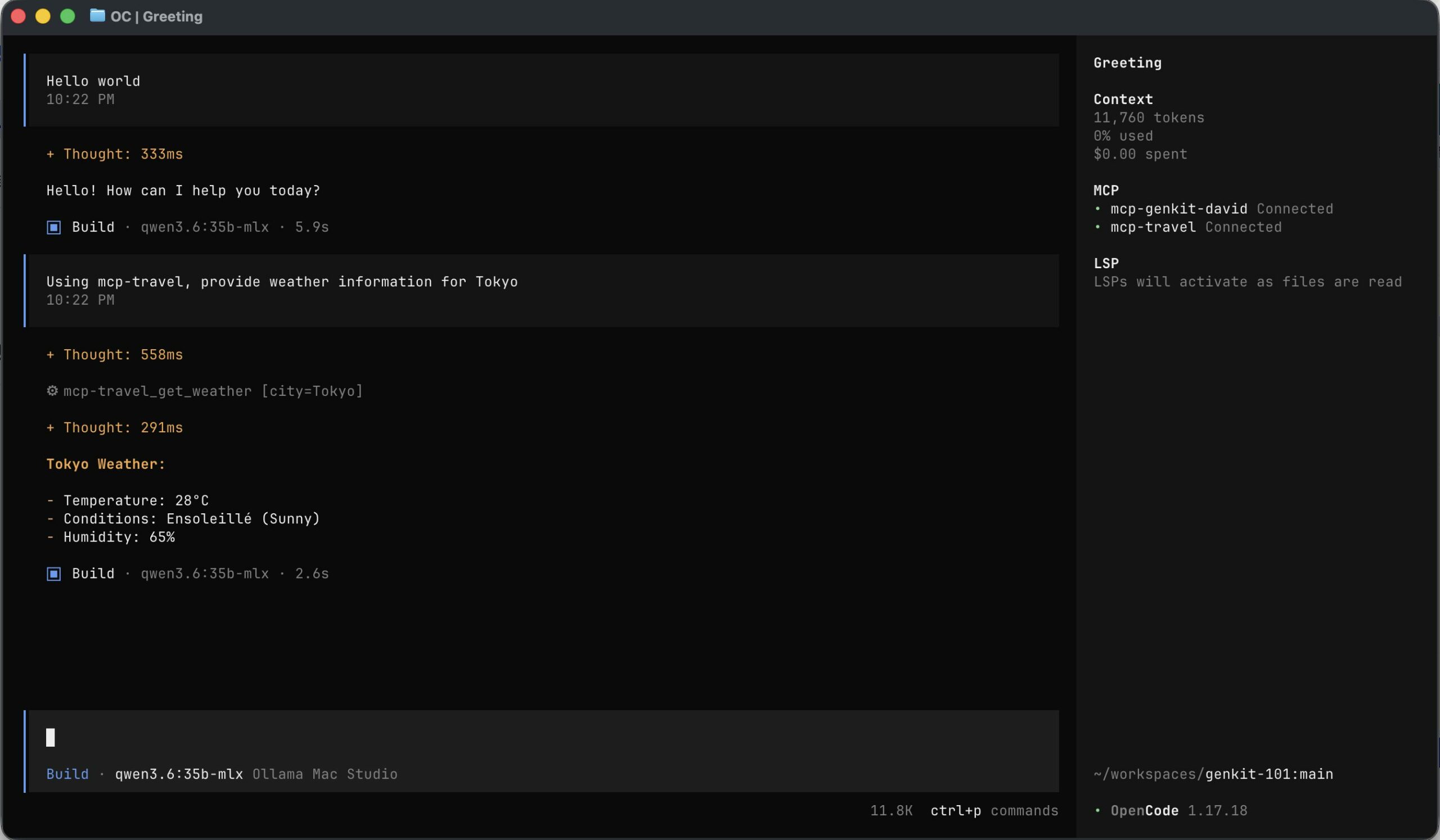 OpenCode with mcp-travel configured: get_weather call for Tokyo and assistant response