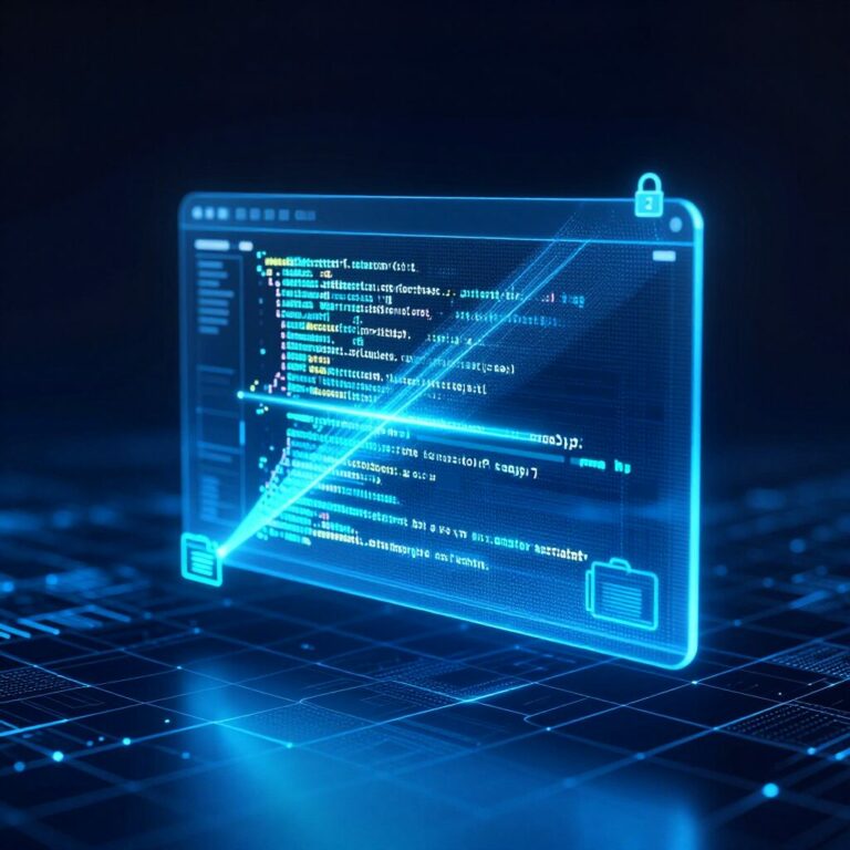Éditeur de code holographique avec scan de sécurité et icônes fichiers en orbite
