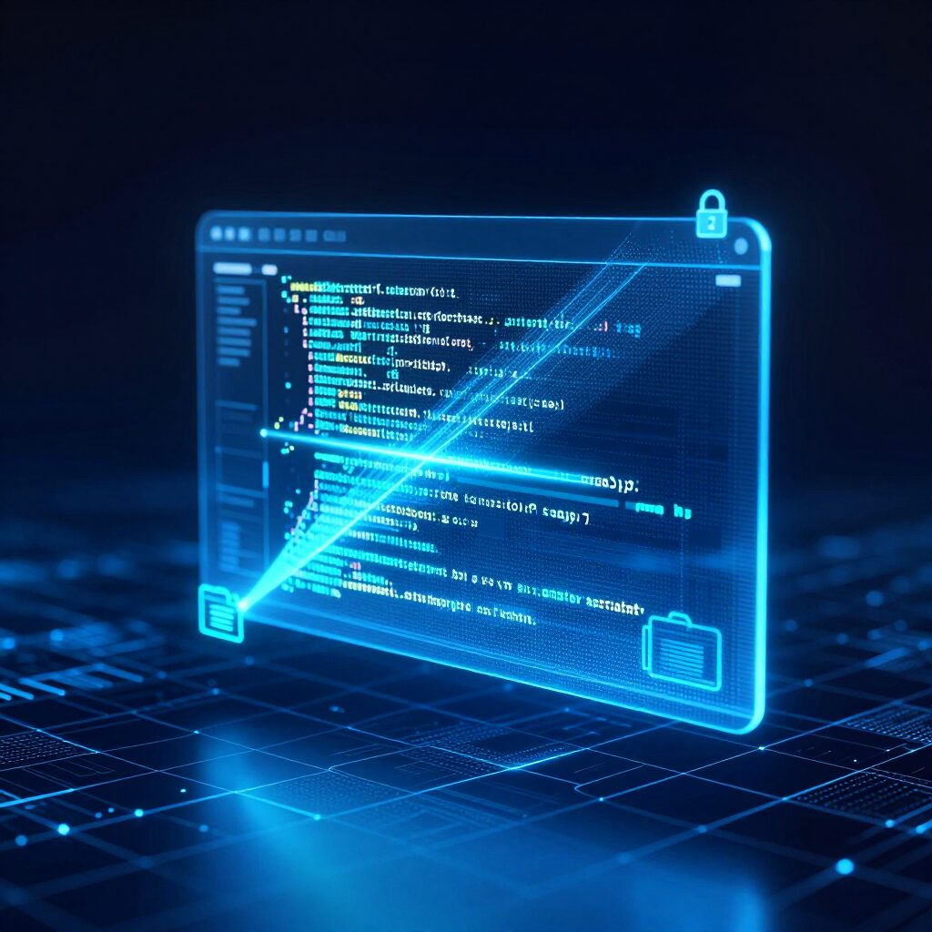 Éditeur de code holographique avec scan de sécurité et icônes fichiers en orbite